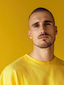 Portrait of a young man with a skeptical expression against a yellow background