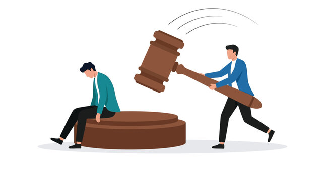 A professional judge holding a large wooden gavel while standing beside a sad defeated man