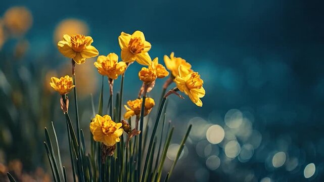 A cluster of yellow flowers with green stems against a blurred background