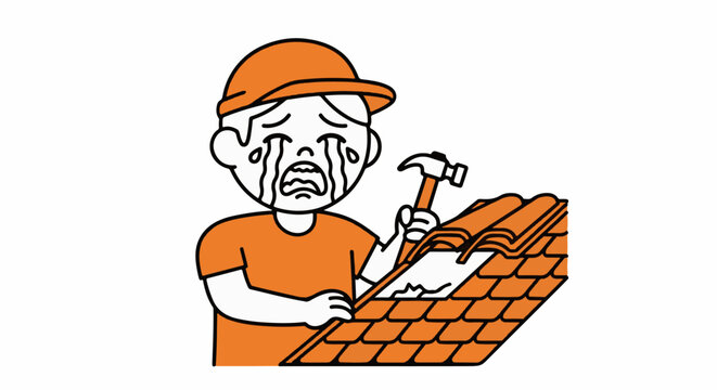 Crying cartoon builder accidentally hitting thumb with hammer.