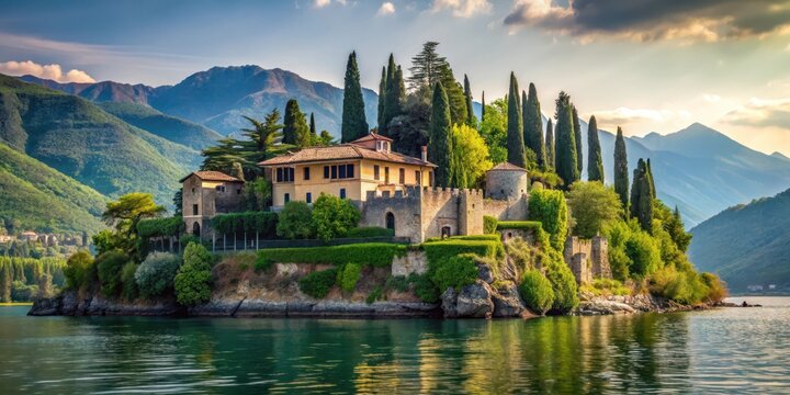 Ancient stone villa perched on hilltop overlooking serene lake waters with lush greenery and surrounding mountains in Toscolano Maderno Italy