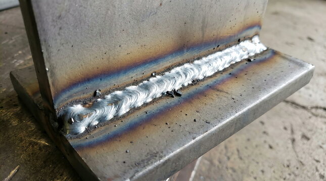 Metalwork precision welded joint with heat discoloration, industrial fabrication detail, mechanical engineering concept.