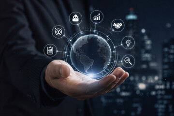 Fototapeta premium Global Business Strategy Connecting Growth, Partnerships, Teams and Market Analysis