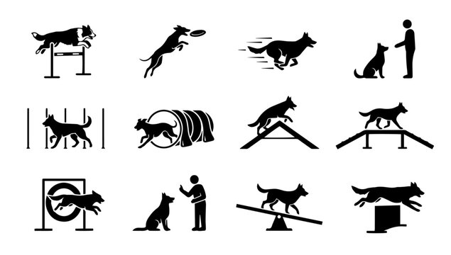 Dog Agility and Training Vector Icon Set with Canine Activity and Obedience Silhouettes