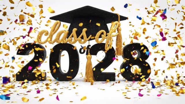 Class of 2028 Graduation Celebration Design Featuring Academic Cap and Festive Colorful Confetti Explosion