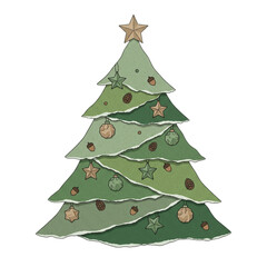 Fototapeta premium Hand-drawn Christmas Tree: A charming, hand-drawn illustration of a stylized Christmas tree adorned with baubles, stars, and acorns, evoking a festive and whimsical holiday spirit.