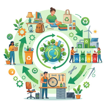 Circular economy concept vector illustration of sustainable lifestyle, waste sorting, recycling, repair, and renewable green energy