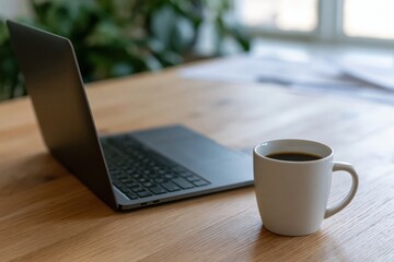 Fototapeta premium Laptop and computer on a wooden desk with a steaming coffee mug in a workspace