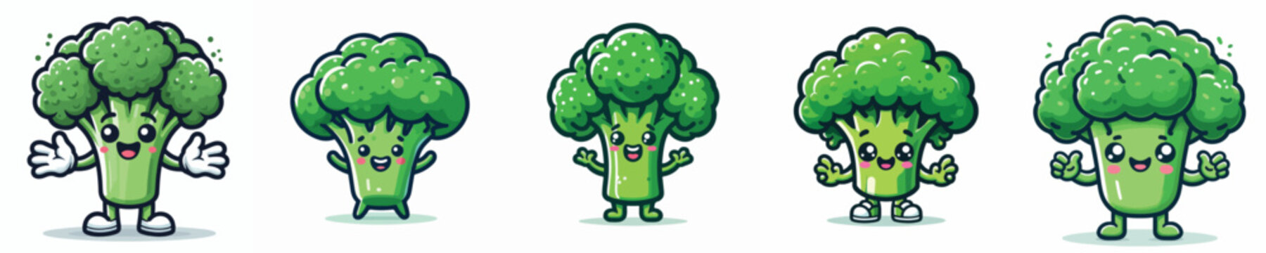 Cute cartoon broccoli characters with various expressions and poses