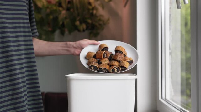 Man Throwing Food Away Dessert Waste Garbage Bin Food Loss Environmental Issue