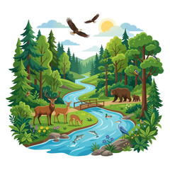 Obraz premium Lush forest ecosystem featuring diverse wildlife a flowing river and mountain scenery