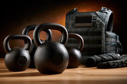 Black iron kettlebells and tactical weighted training vest resting on clean light oak wooden floor with blank copy space.