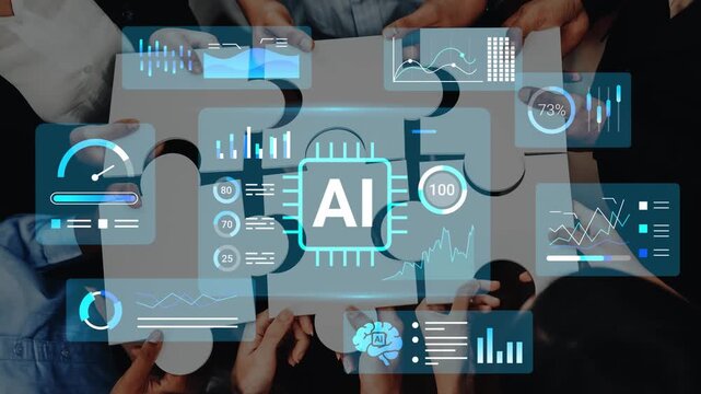 Diverse team collaborating on artificial intelligence puzzle, showcasing data analytics, metrics, innovation, technology, and teamwork in modern workspace Gluon.