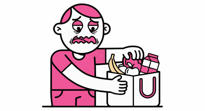 Cartoon character holding injured crab in shopping bag.