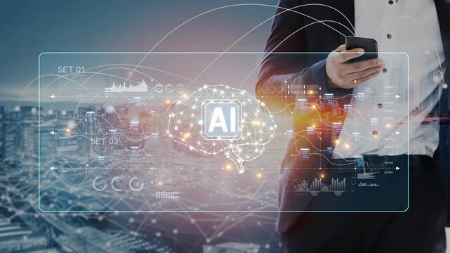 AI neural network and data processing system visualizing artificial intelligence with brain structure, chip, and connected data blocks for computation and learning Marrow