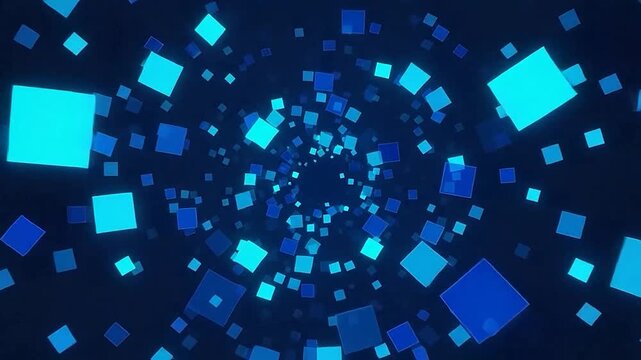 Abstract digital tunnel of glowing blue squares receding into darkness