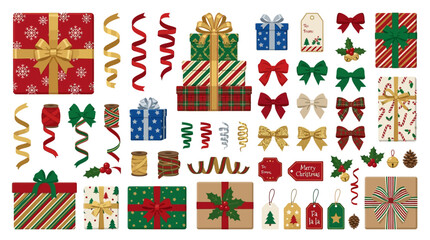 Fototapeta premium A vibrant Christmas-themed illustration features wrapped presents, bows, ribbons, and ornaments on a white background.