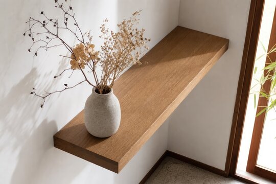 Minimalist wooden floating shelf displaying dried floral arrangement in neutral-toned vase, modern interior design with soft natural lighting, cozy Scandinavian home decor concept