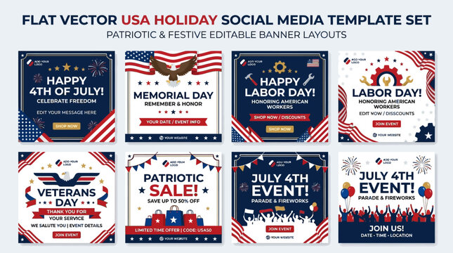 USA holiday social media templates show patriotic banners and editable layouts