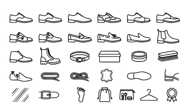 Mens Leather Shoe Line Icons Set Editable Stroke Formal Footwear Vector Collection