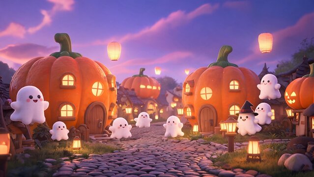 Cute little ghost characters floating in a fairytale Halloween pumpkin village, 3D animation style cozy fantasy town under a purple twilight sky with copy space.