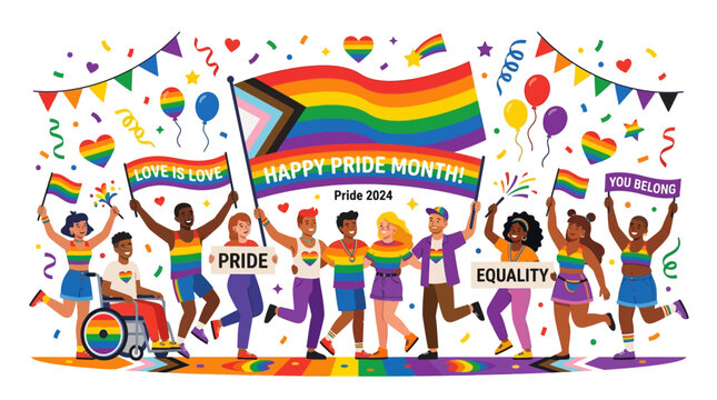 People celebrate Pride Month with a vibrant parade and equality signs