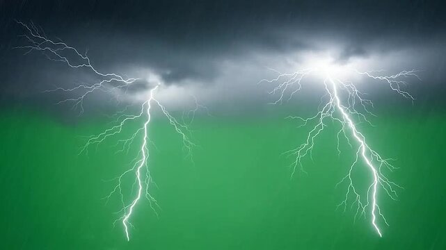 Bright lightning strikes through a dark stormy sky during a downpour