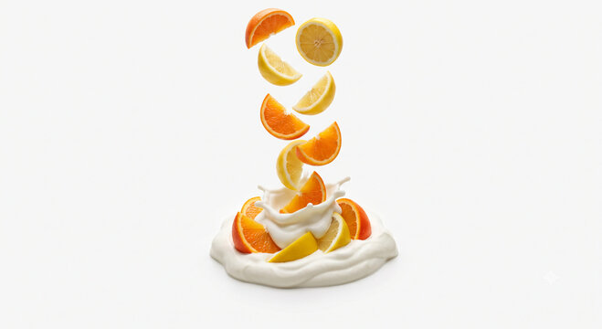 Distant shot of orange and lemon slices falling into thick white yogurt curd