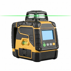 Fototapeta premium Laser level tool with display and green beam isolated on white 