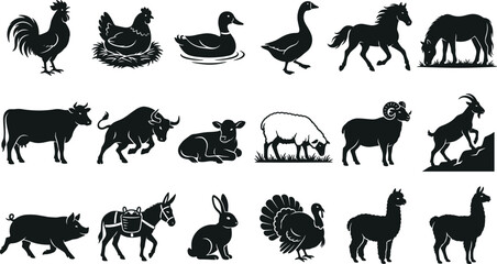 Collection of eighteen farm animal silhouette vector icons featuring livestock and poultry isolated on white background image_3b89fd.png © MdSaiful