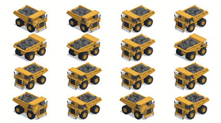 Collection of yellow and black toy monster trucks arranged in rows on white background. © Sobo