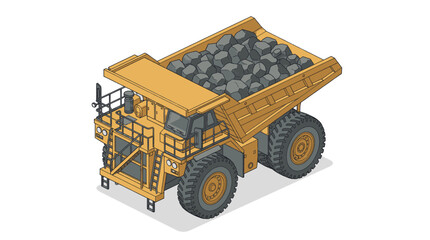 Yellow mining dump truck transporting large black coal rocks at industrial site. © Sobo