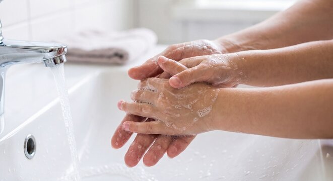 Close up of a parent and child washing soapy hands together in a bathroom sink for hygiene
