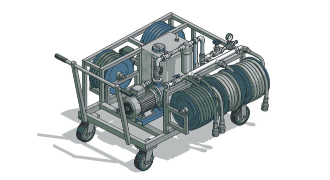 Detailed 3D rendering of industrial mechanical equipment with hydraulic components.