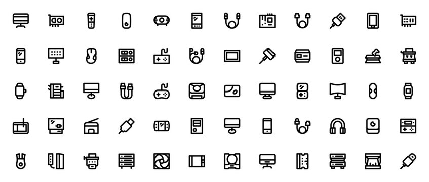 Technology icon set. Minimalist vector icons pack. Includes symbols for television, video card, game controller, mouse, projector, smartphone, motherboard and more. Editable vector stroke.