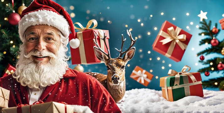 Happy Santa Claus man and a deer behind him in front of snow covered background with christmas presents and christmas trees