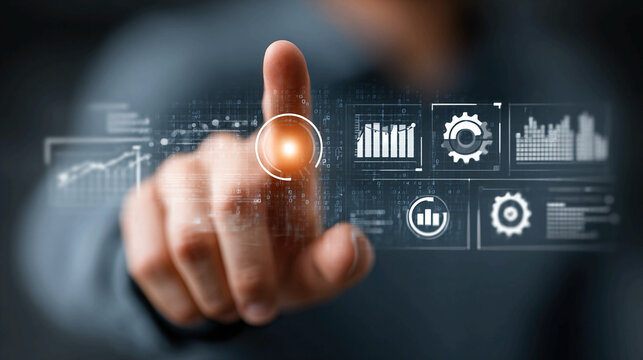 Businessman using ERP software on virtual interface for data integration workflow automation marketing analysis and digital business process optimization