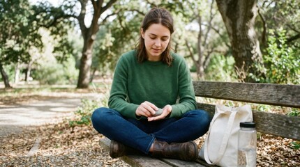 Obraz premium Woman Sitting on Park Bench Using Smartphone Amid Green Nature in Daylight