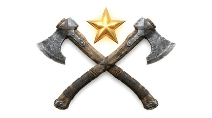 Fototapeta premium Two crossed axes with a golden star on white background