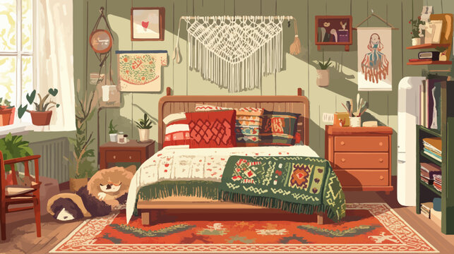 Cozy boho bedroom with patchwork quilt, macrame wall hanging, plants, and books