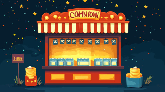 Carnival claw machine with yellow coins, vibrant 'Comicon' sign, starry night confetti, Deacon sign, blue/white quadripods holding plush toys, nighttime setup