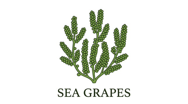 Vibrant green sea grapes cluster illustration, perfect for healthy marine cuisine, fresh salad ingredients, or exotic food branding designs, highlighting natural and sustainable ocean produce