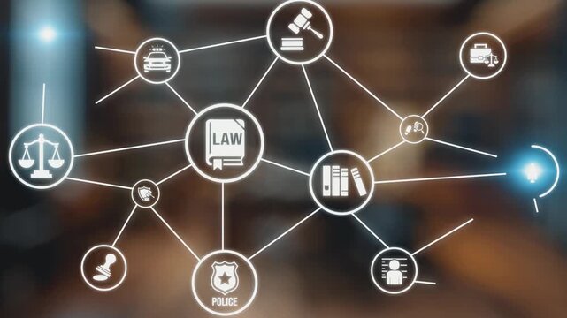 Law icons illustrate justice, court, and regulation system. Law represents fairness, law supports police, and law connects with rules, rights, and enforcement. Gist