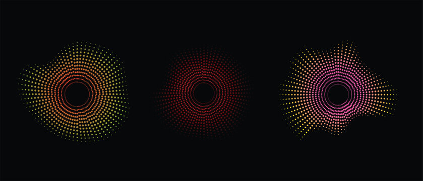 Colorful geometric neon digital music frequency equalizer elements. Set of abstract circular audio sound waves with concentric halftone dots.-stock vector