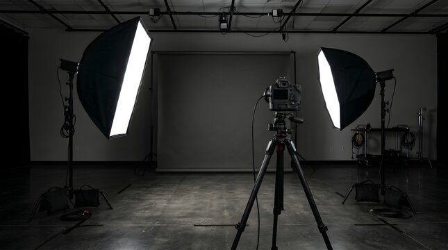 Professional Photography Studio with Camera, Softbox Lighting and Gray Backdrop