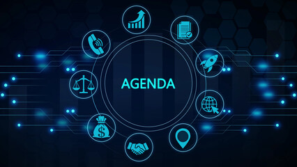 Of a glowing blue agenda surrounded by interconnected technology symbols on dark background © Valentino Studio