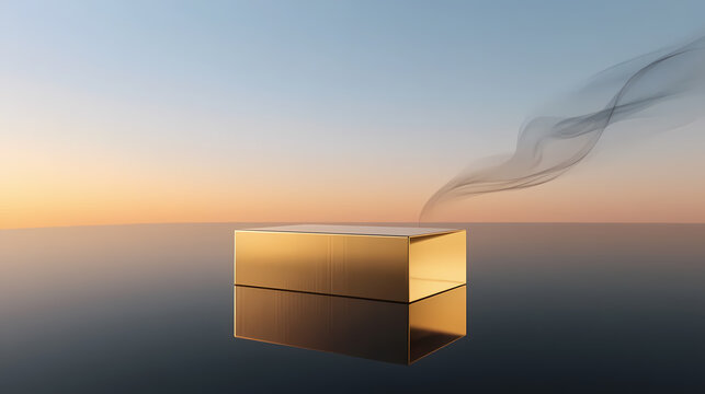 Golden cube emitting smoke over water