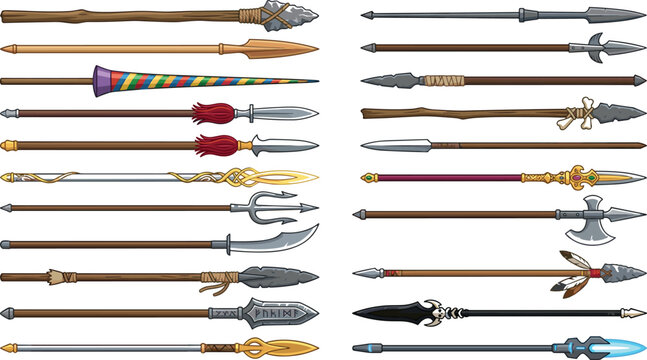Fantasy spear and polearm weapon collection featuring medieval tribal and magical lances for game asset vector illustration set