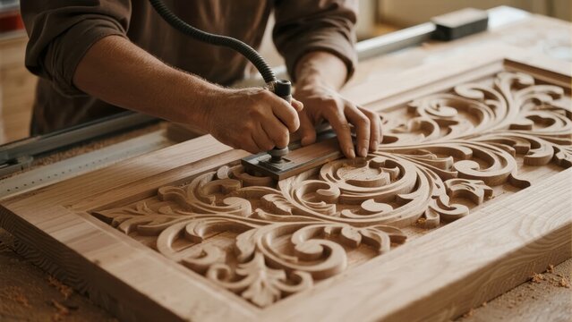 Craftsman carving intricate floral patterns into a wooden panel using a handheld router