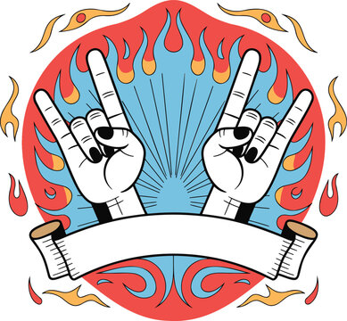Stylized pair of rock and roll hand gestures with a fiery background and decorative swirls
